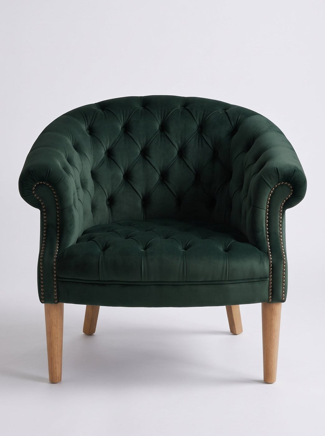 Sillón Nairobi de un cuerpo en pana antimanchas Verde inglés, capitoné redondeado con tachas y patas de madera