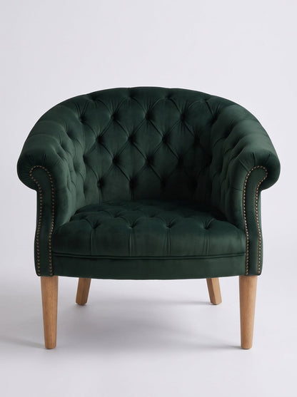 Sillón Nairobi de un cuerpo en pana antimanchas Verde inglés, capitoné redondeado con tachas y patas de madera