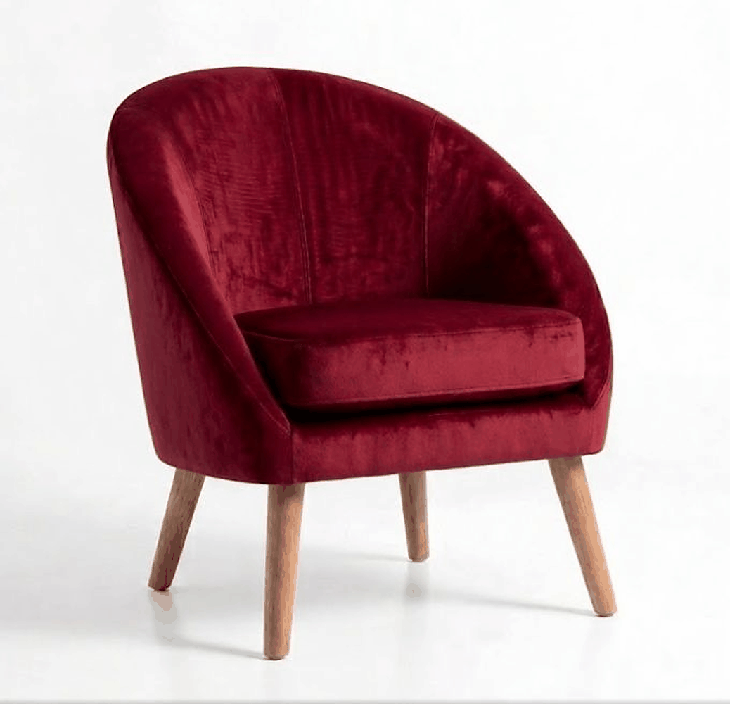 Sillón de un cuerpo Paris color Bordó en pana antimanchas importada, forma redonda y compacta con apoyabrazos integrados