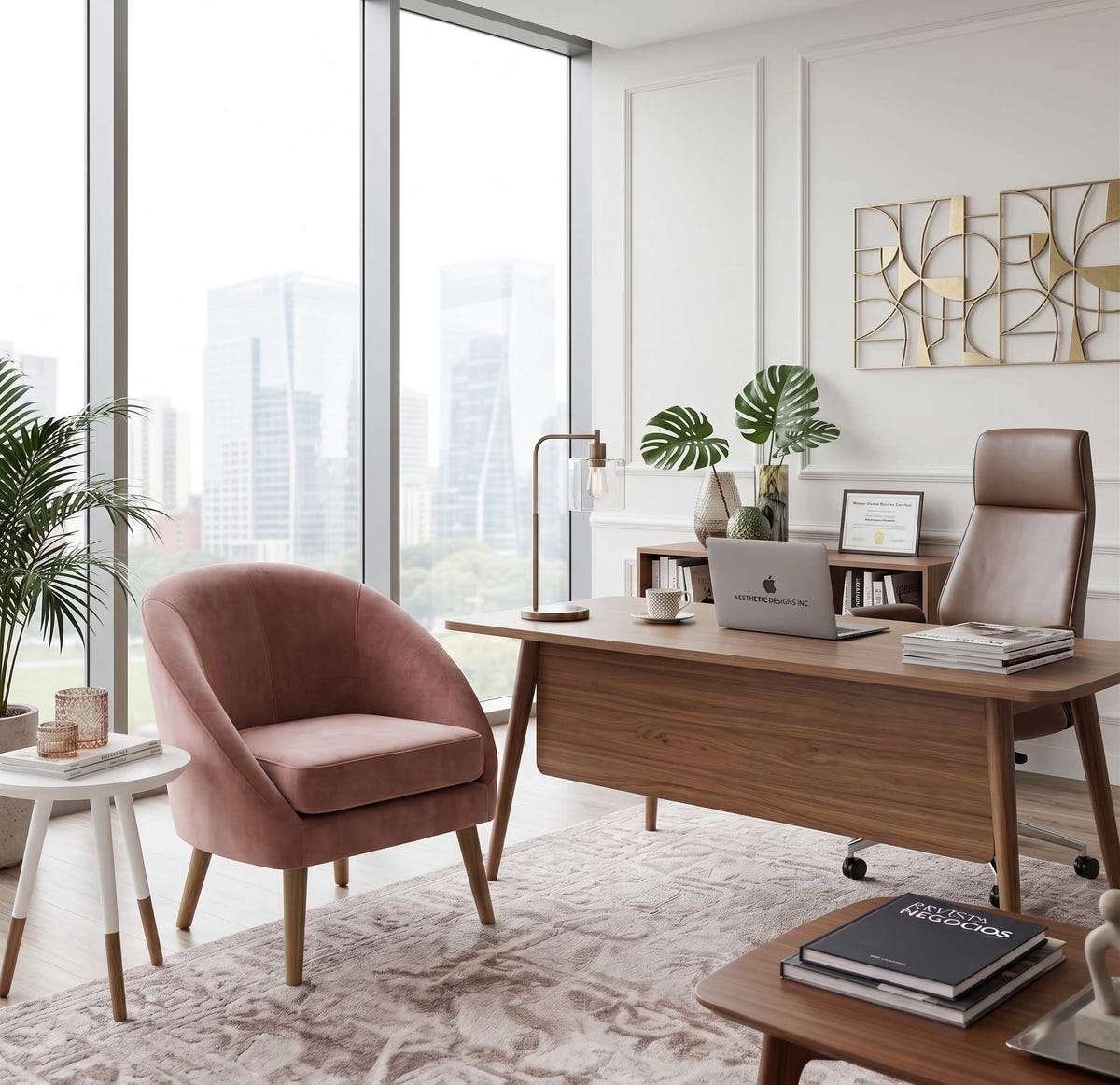 Sillón Paris rosa en un despacho luminoso con escritorio de madera, imagen ambientada
