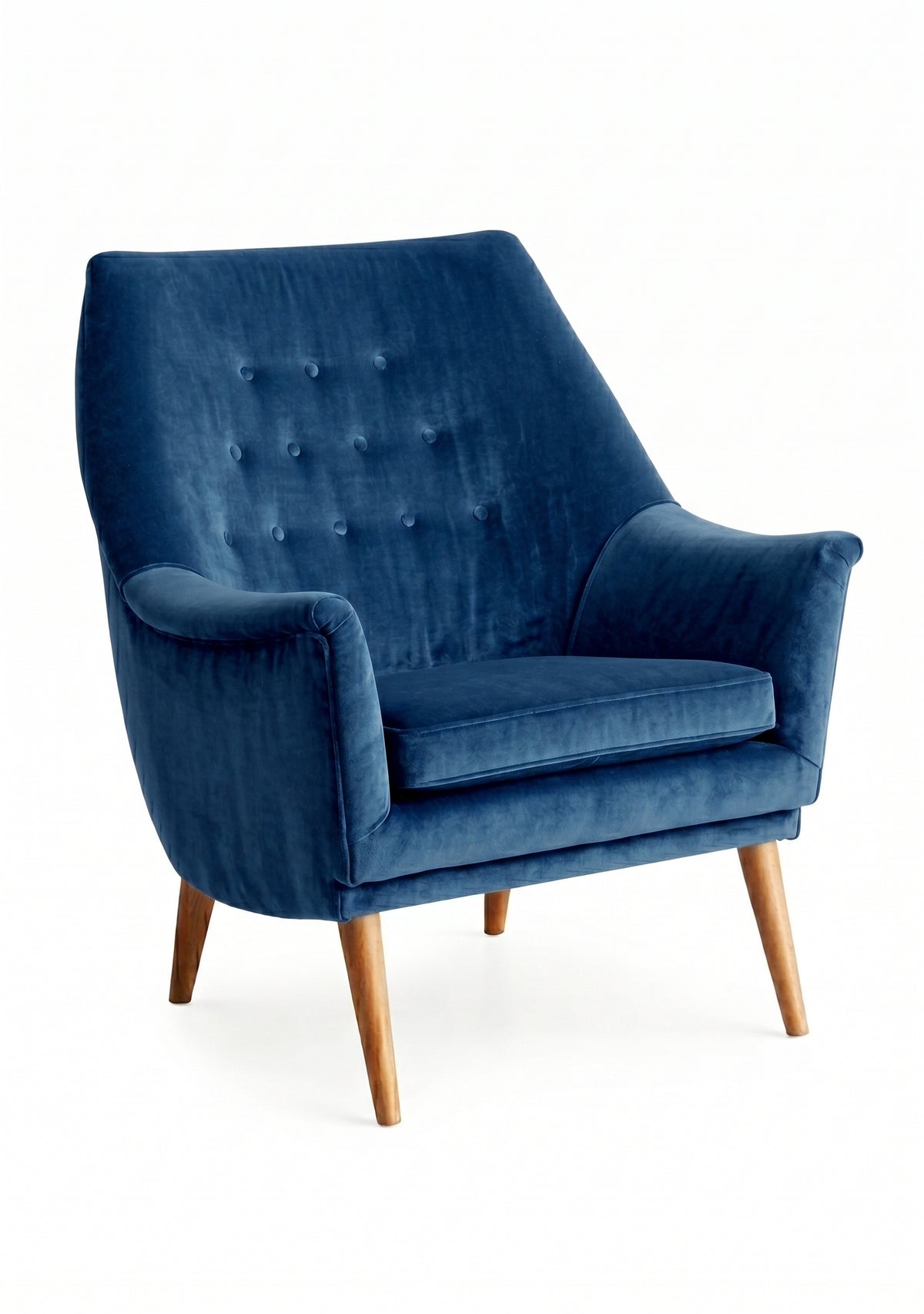 Sillón individual Rivona tapizado en azul, diseño retro con respaldo capitoné y patas de madera – Tienda de Banquitos