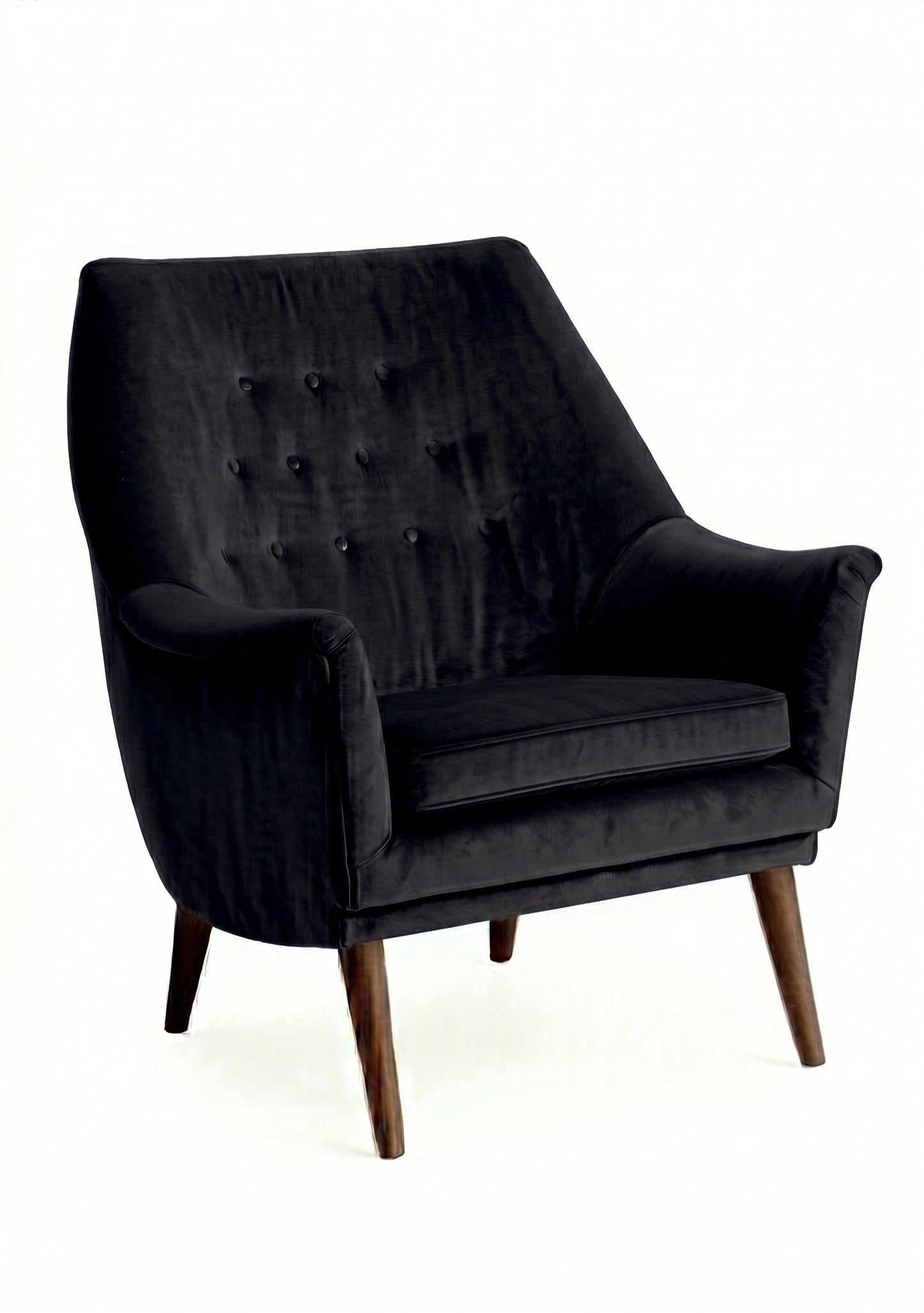 Sillón individual Rivona tapizado en black, diseño retro con respaldo capitoné y patas de madera – Tienda de Banquitos