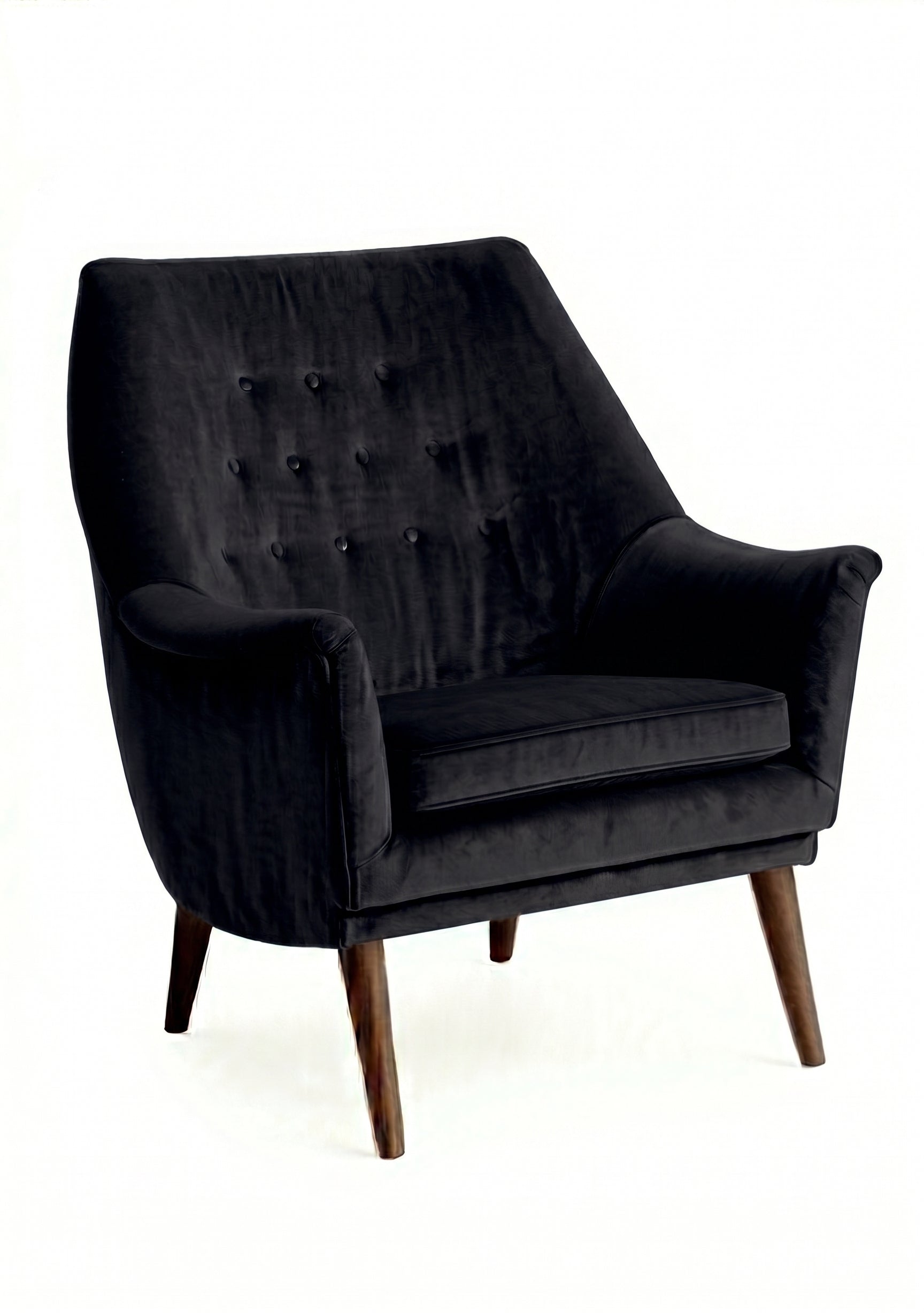 Sillón individual Rivona tapizado en black, diseño retro con respaldo capitoné y patas de madera – Tienda de Banquitos