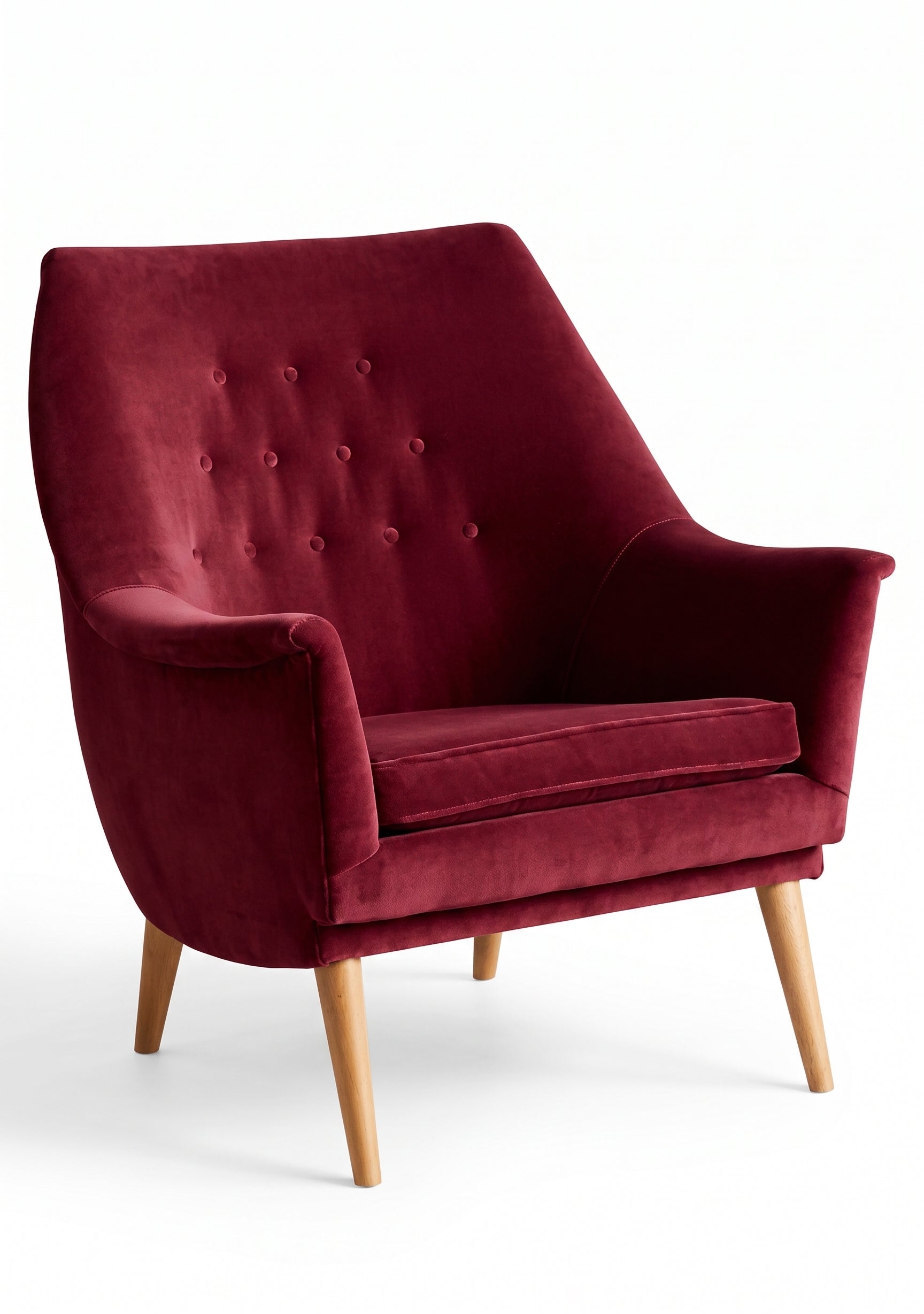 Sillón individual Rivona tapizado en bordó, diseño retro con respaldo capitoné y patas de madera – Tienda de Banquitos