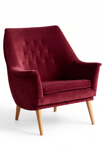 Sillón individual Rivona tapizado en bordó, diseño retro con respaldo capitoné y patas de madera – Tienda de Banquitos