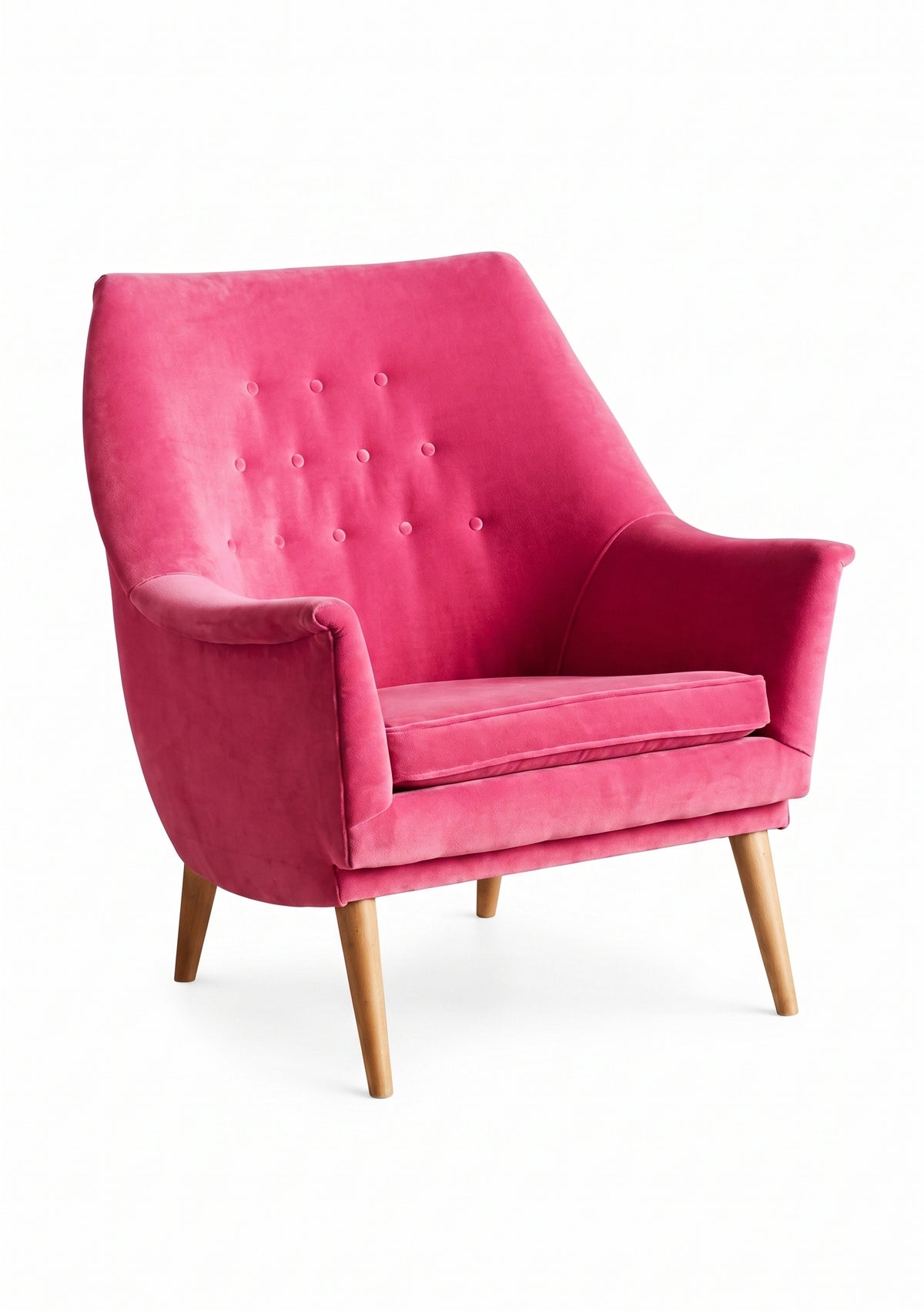 Sillón individual Rivona tapizado en chicle, diseño retro con respaldo capitoné y patas de madera – Tienda de Banquitos