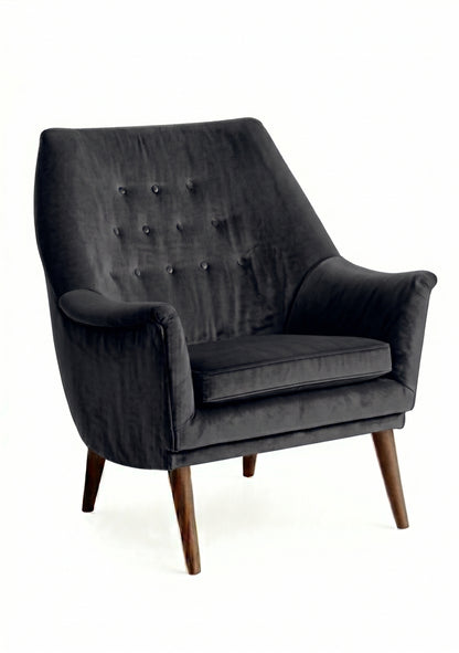 Sillón individual Rivona tapizado en grafito, diseño retro con respaldo capitoné y patas de madera – Tienda de Banquitos