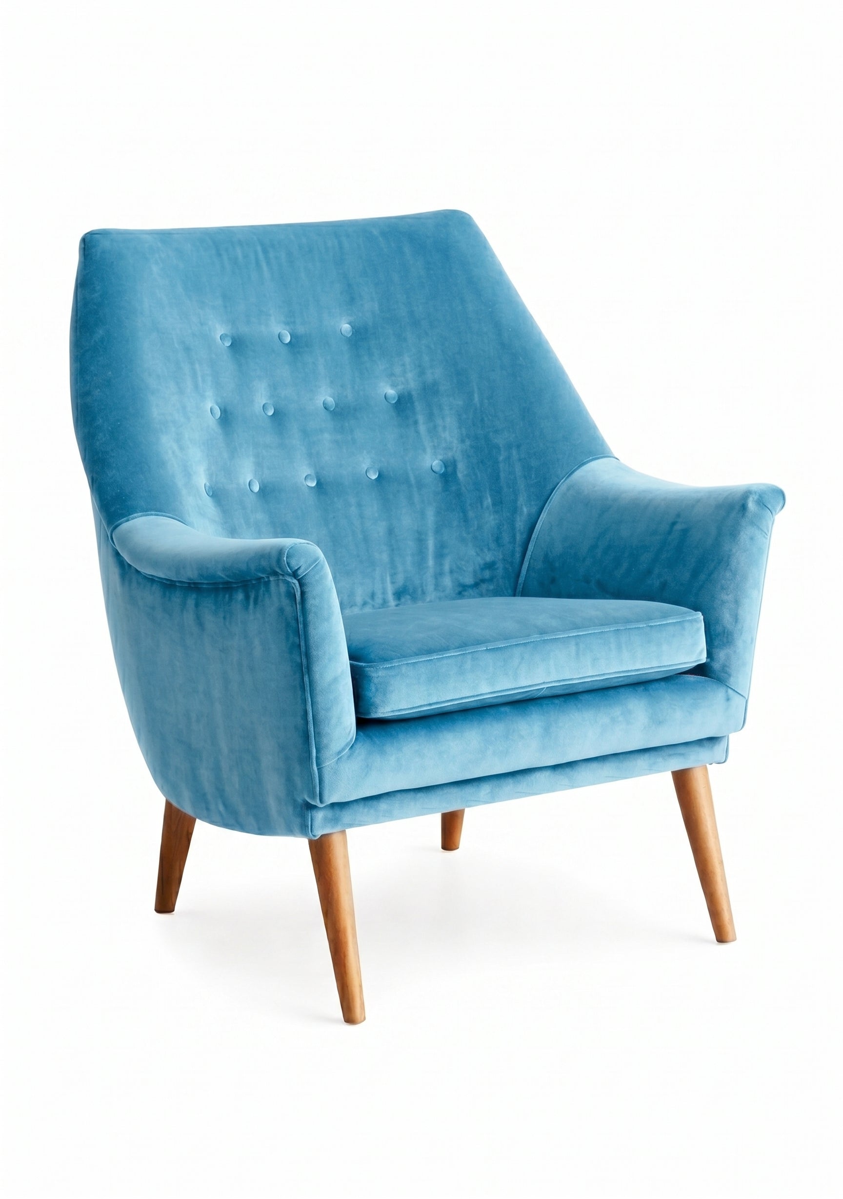 Sillón individual Rivona tapizado en océano, diseño retro con respaldo capitoné y patas de madera – Tienda de Banquitos