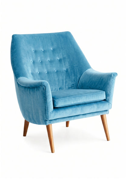 Sillón individual Rivona tapizado en océano, diseño retro con respaldo capitoné y patas de madera – Tienda de Banquitos