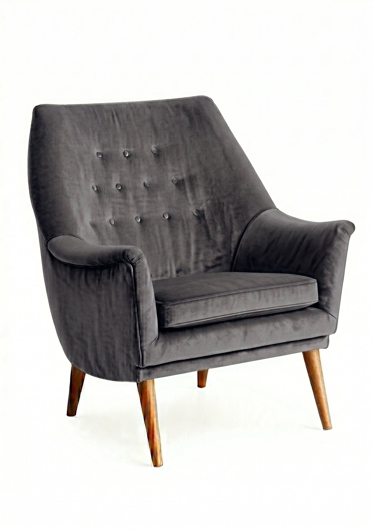 Sillón individual Rivona tapizado en onix, diseño retro con respaldo capitoné y patas de madera – Tienda de Banquitos