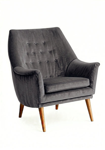 Sillón individual Rivona tapizado en onix, diseño retro con respaldo capitoné y patas de madera – Tienda de Banquitos