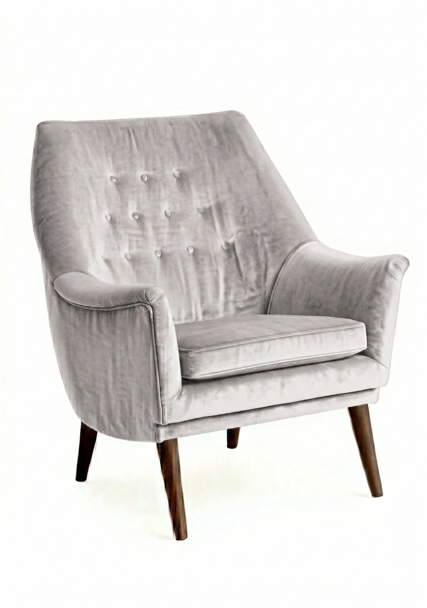 Sillón individual Rivona tapizado en plata, diseño retro con respaldo capitoné y patas de madera – Tienda de Banquitos