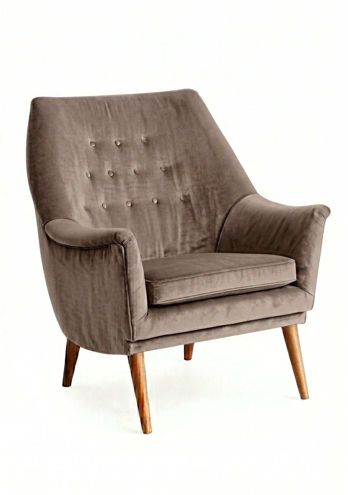Sillón individual Rivona tapizado en stone, diseño retro con respaldo capitoné y patas de madera – Tienda de Banquitos