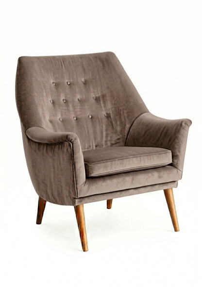 Sillón individual Rivona tapizado en stone, diseño retro con respaldo capitoné y patas de madera – Tienda de Banquitos
