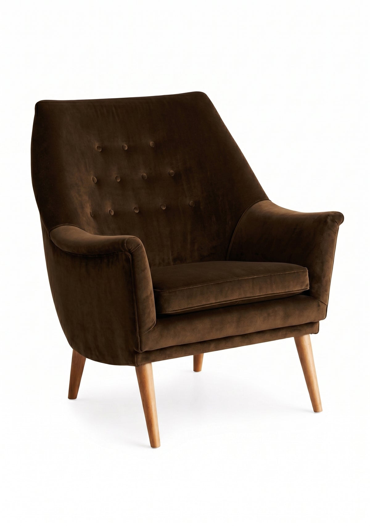 Sillón individual Rivona tapizado en suela, diseño retro con respaldo capitoné y patas de madera – Tienda de Banquitos