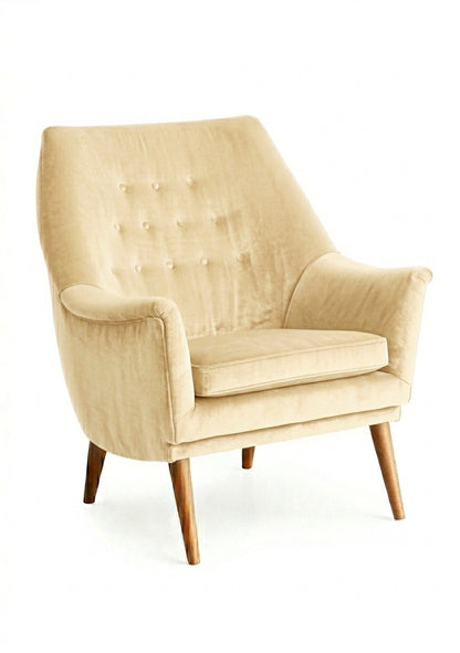 Sillón individual Rivona tapizado en vainilla, diseño retro con respaldo capitoné y patas de madera – Tienda de Banquitos