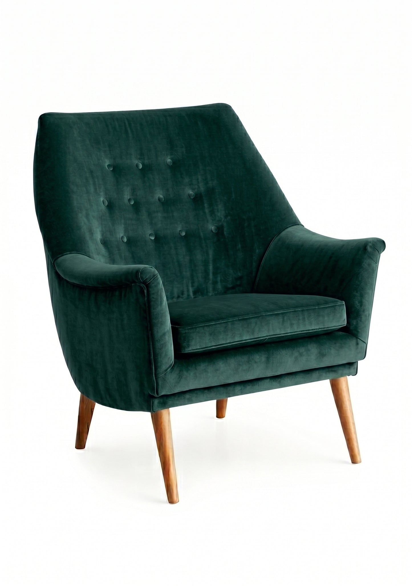 Sillón individual Rivona tapizado en verde inglés, diseño retro con respaldo capitoné y patas de madera – Tienda de Banquitos