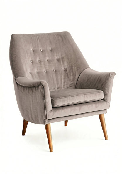 Sillón individual Rivona tapizado en visón, diseño retro con respaldo capitoné y patas de madera – Tienda de Banquitos