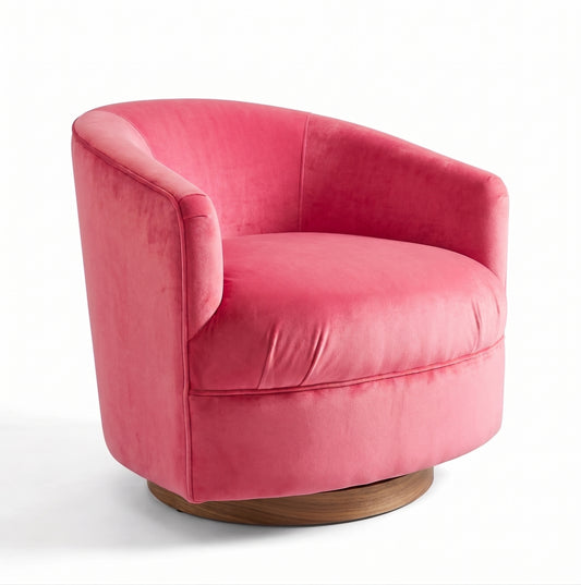 Sillón Rosaura de un cuerpo, forma redondeada y compacta, tapizado en pana antimanchas color Chicle
