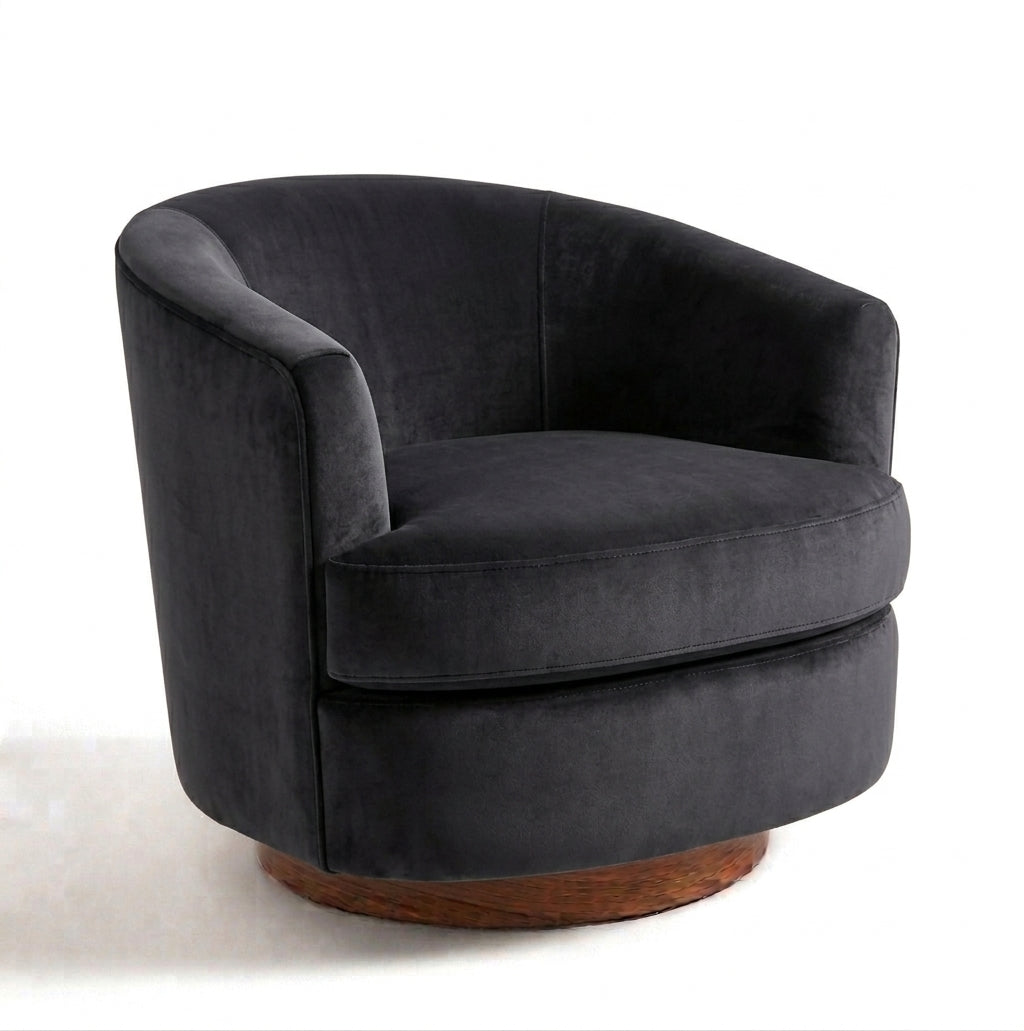 Sillón Rosaura de un cuerpo, forma redondeada y compacta, tapizado en pana antimanchas color Grafito