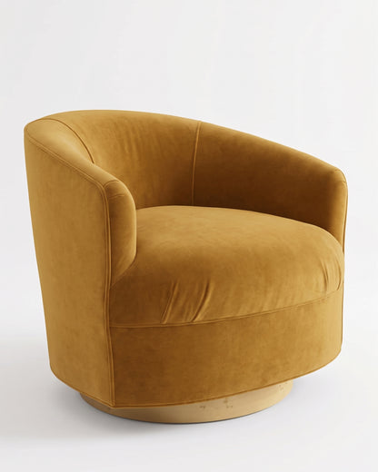 Sillón Rosaura de un cuerpo, forma redondeada y compacta, tapizado en pana antimanchas color Oro