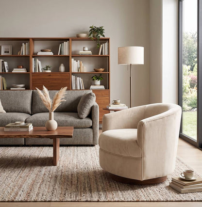 Sillón Rosaura de un cuerpo, forma redondeada y compacta, tapizado en pana antimanchas color Stone