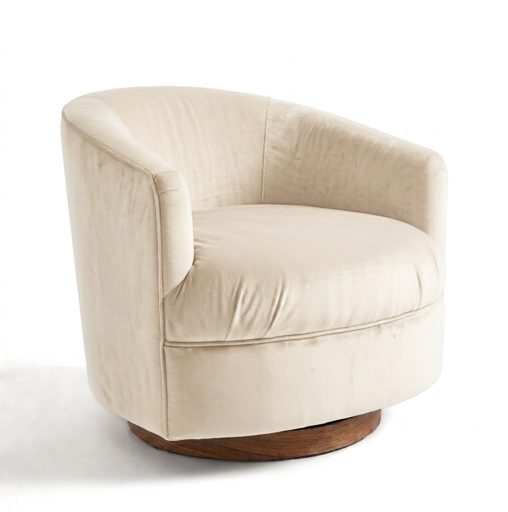 Sillón Rosaura de un cuerpo, forma redondeada y compacta, tapizado en pana antimanchas color Vainilla
