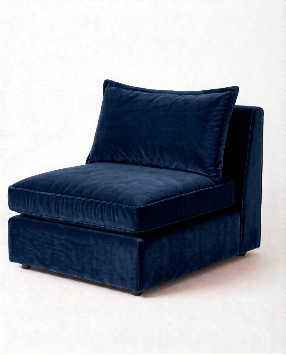 Sillón Thomas de un cuerpo en pana antimanchas color azul, sin apoyabrazos, asiento ancho con almohadón de respaldo suelto — Tienda de Banquitos