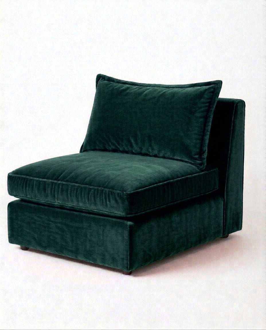 Sillón Thomas de un cuerpo en pana antimanchas color verde inglés, sin apoyabrazos, asiento ancho con almohadón de respaldo suelto — Tienda de Banquitos