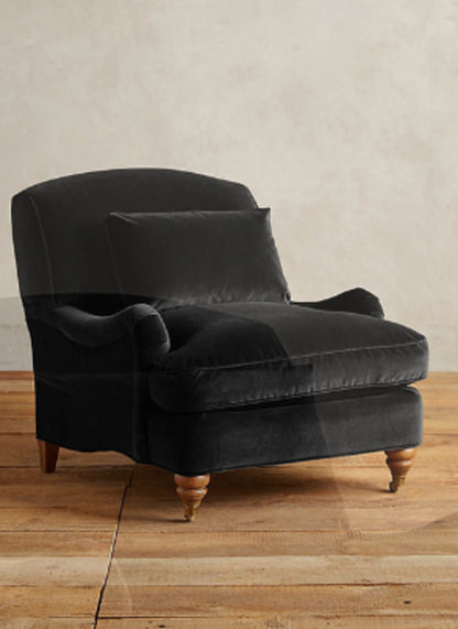 Sillón individual tapizado en negro, con cojín lumbar suelto, apoyabrazos curvos y patas de madera - Sillón Minerva a medida, Tienda de Banquitos