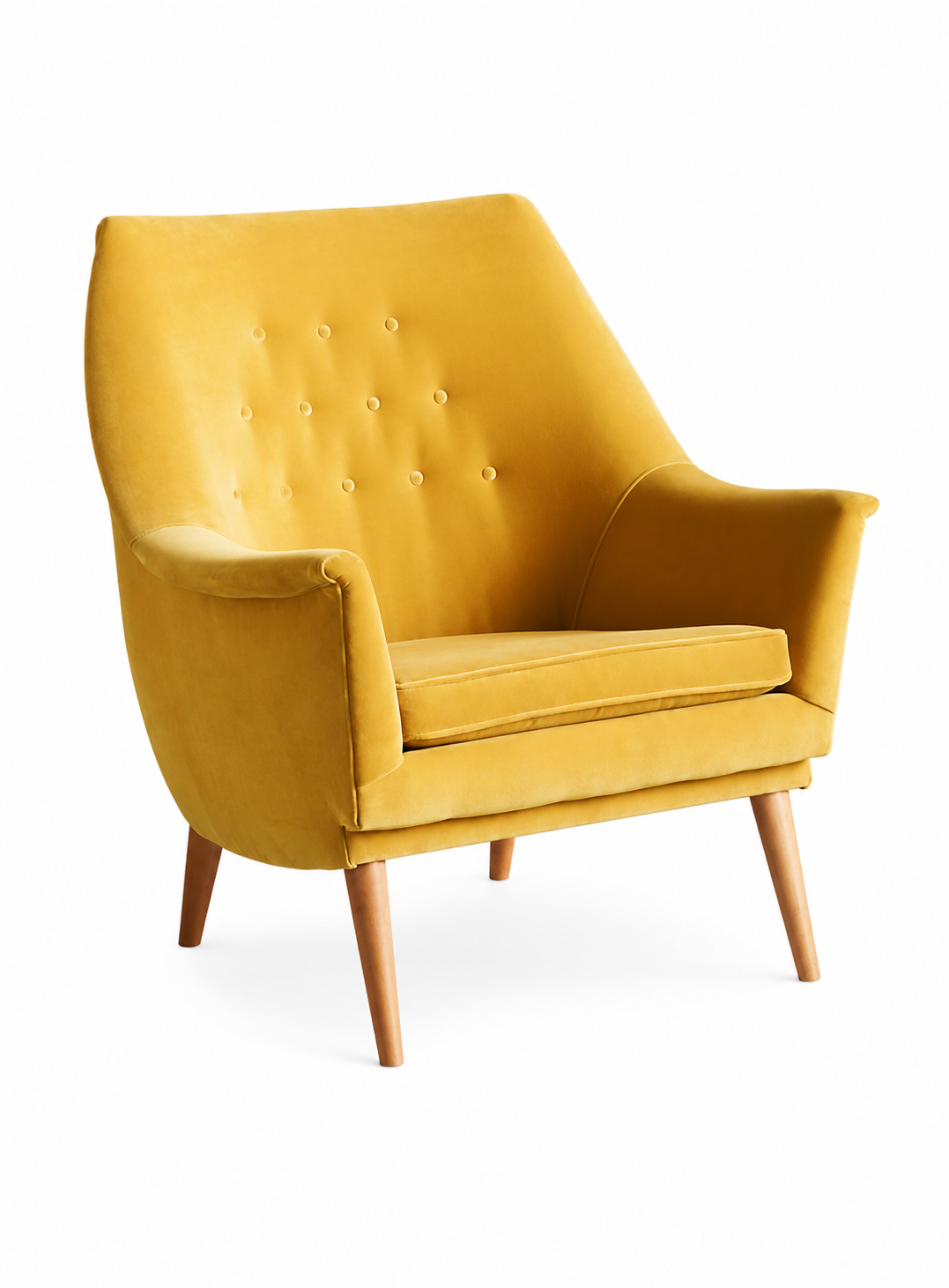 Sillón individual Rivona tapizado en amarillo mostaza, diseño retro con respaldo capitoné y patas de madera, sobre fondo blanco – Tienda de Banquitos