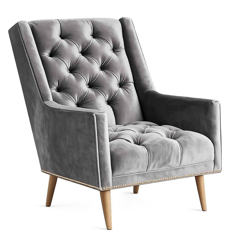 Sillón Velvet capitoné de un cuerpo tapizado en gris, con tachas doradas y patas de madera, sobre fondo blanco – Tienda de Banquitos