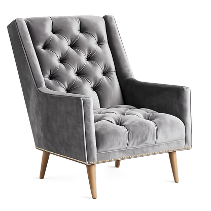 Sillón Velvet capitoné de un cuerpo tapizado en gris, con tachas doradas y patas de madera, sobre fondo blanco – Tienda de Banquitos