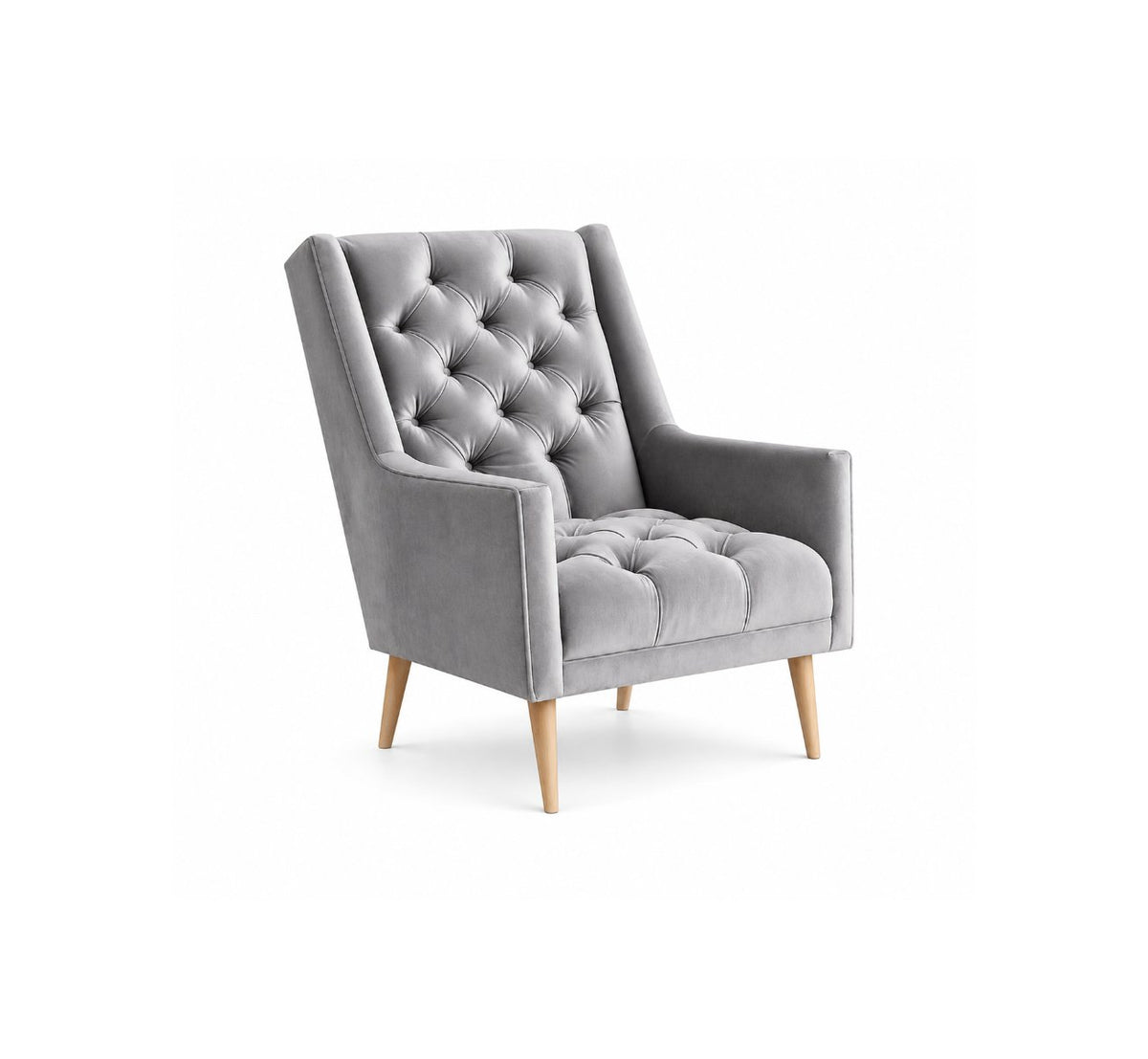 Sillón Velvet capitoné color gris perla, patas de madera clara - Tienda de Banquitos