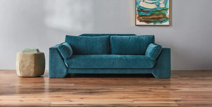 Sofá Magnus de dos cuerpos tapizado en terciopelo verde petróleo, diseño moderno - Tienda de Banquitos