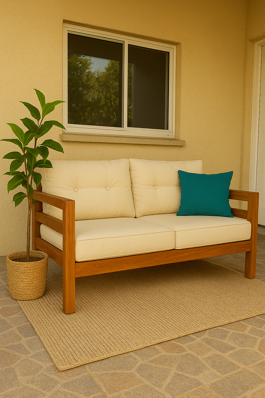 Sillón de exterior con estructura resistente y diseño ergonómico. Tapizado con materiales impermeables y de fácil limpieza, ideal para terrazas, jardines o balcones. Cojines gruesos y cómodos en tonos neutros, que aportan confort y estilo casual, perfecto para ambientes al aire libre relajados y modernos.