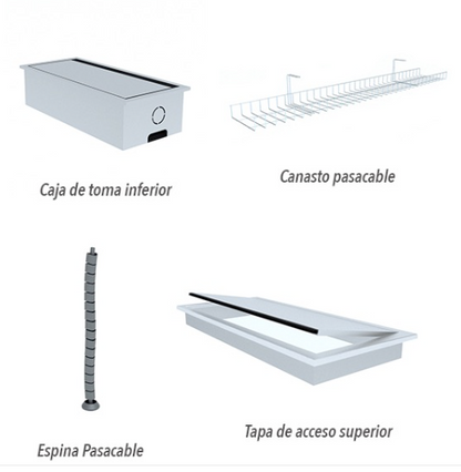 El Sistema de cableado de Grupo(a)2 brinda soluciones integrales para la gestión de cables en la mesa, como pasacable y tapas rebatibles de electrificación integrada.