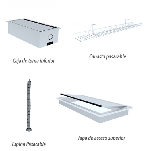 El Sistema de cableado de Grupo(a)2 brinda soluciones integrales para la gestión de cables en la mesa, como pasacable y tapas rebatibles de electrificación integrada.