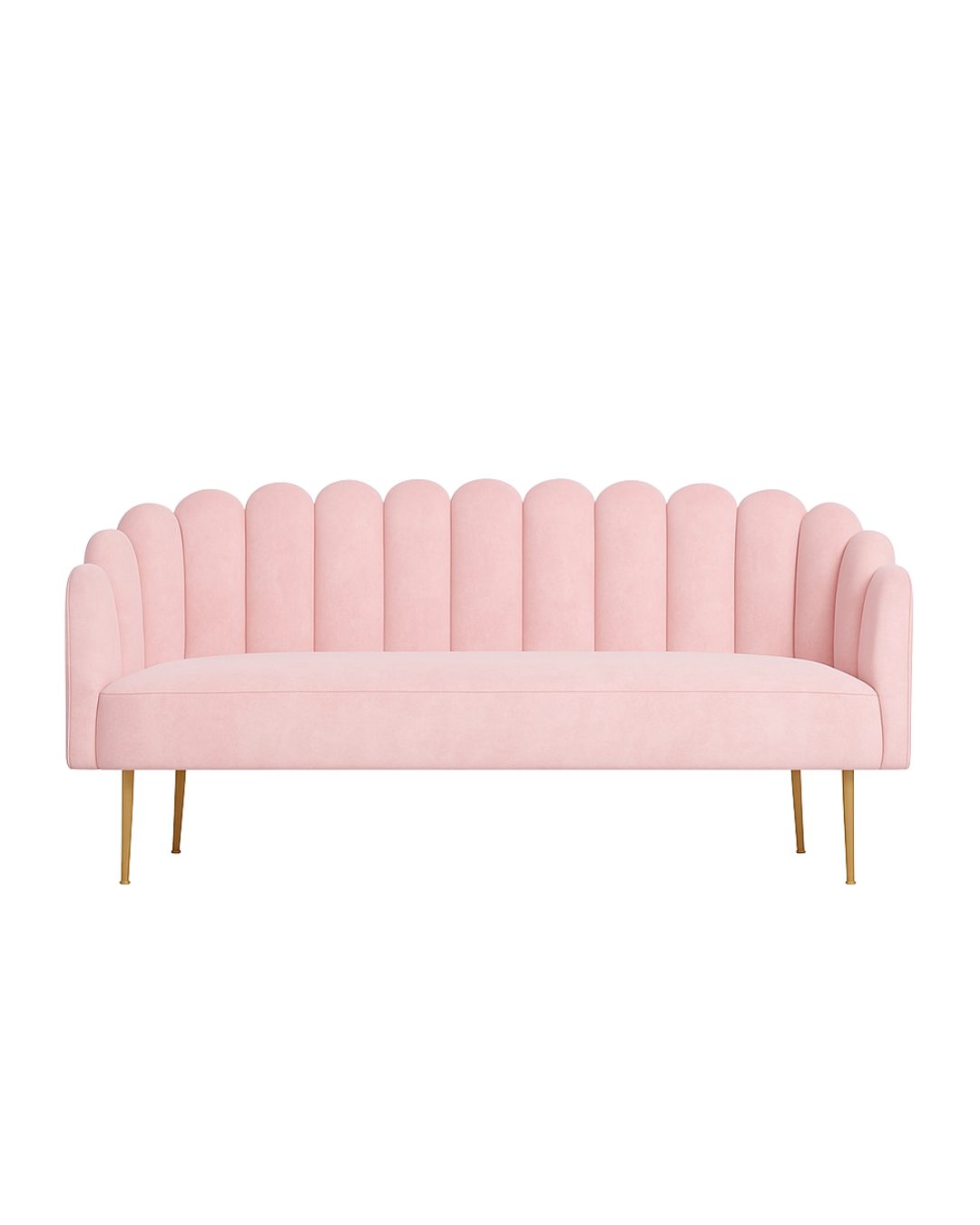 Sofá Angie de 2 o 3 cuerpos, diseño glam con respaldo curvo tipo concha y patas doradas delgadas - Tienda de Banquitos
