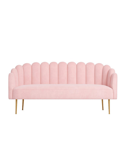 Sofá Angie de 2 o 3 cuerpos, diseño glam con respaldo curvo tipo concha y patas doradas delgadas - Tienda de Banquitos