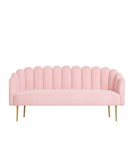 Sofá Angie de 2 o 3 cuerpos, diseño glam con respaldo curvo tipo concha y patas doradas delgadas - Tienda de Banquitos