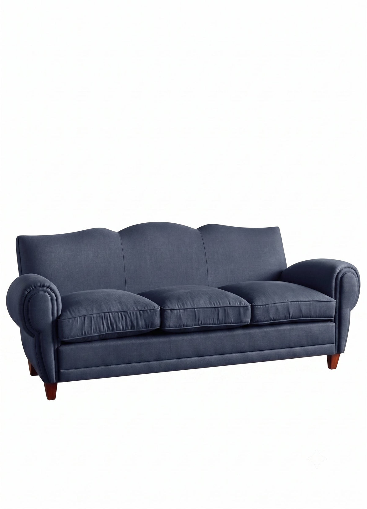 Sofá Augusto de líneas curvas y elegancia escultórica, tapizado en color azul - Tienda de Banquitos