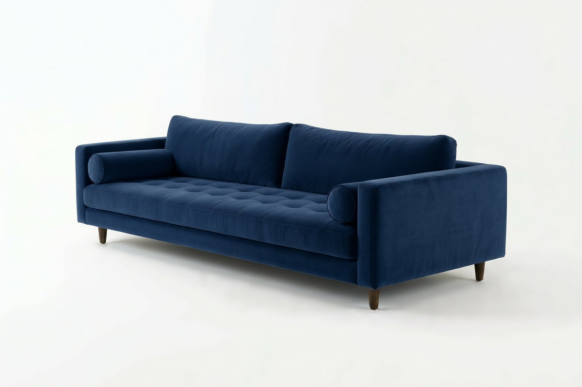 Sofá Bambú con botoné en el asiento y almohadones cilíndricos, en pana antimanchas color azul, imagen ilustrativa - Tienda de Banquitos