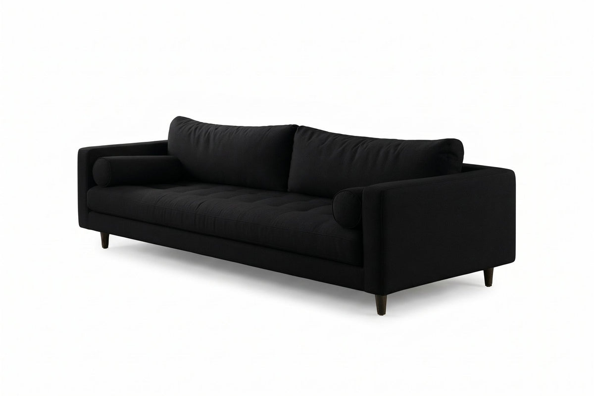 Sofá Bambú con botoné en el asiento y almohadones cilíndricos, en pana antimanchas color black, imagen ilustrativa - Tienda de Banquitos