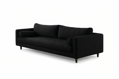 Sofá Bambú con botoné en el asiento y almohadones cilíndricos, en pana antimanchas color black, imagen ilustrativa - Tienda de Banquitos