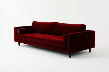 Sofá Bambú con botoné en el asiento y almohadones cilíndricos, en pana antimanchas color bordo, imagen ilustrativa - Tienda de Banquitos