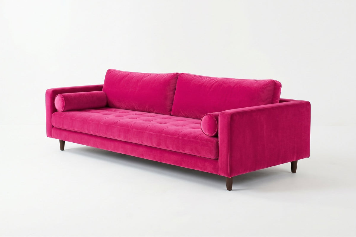 Sofá Bambú con botoné en el asiento y almohadones cilíndricos, en pana antimanchas color chicle, imagen ilustrativa - Tienda de Banquitos