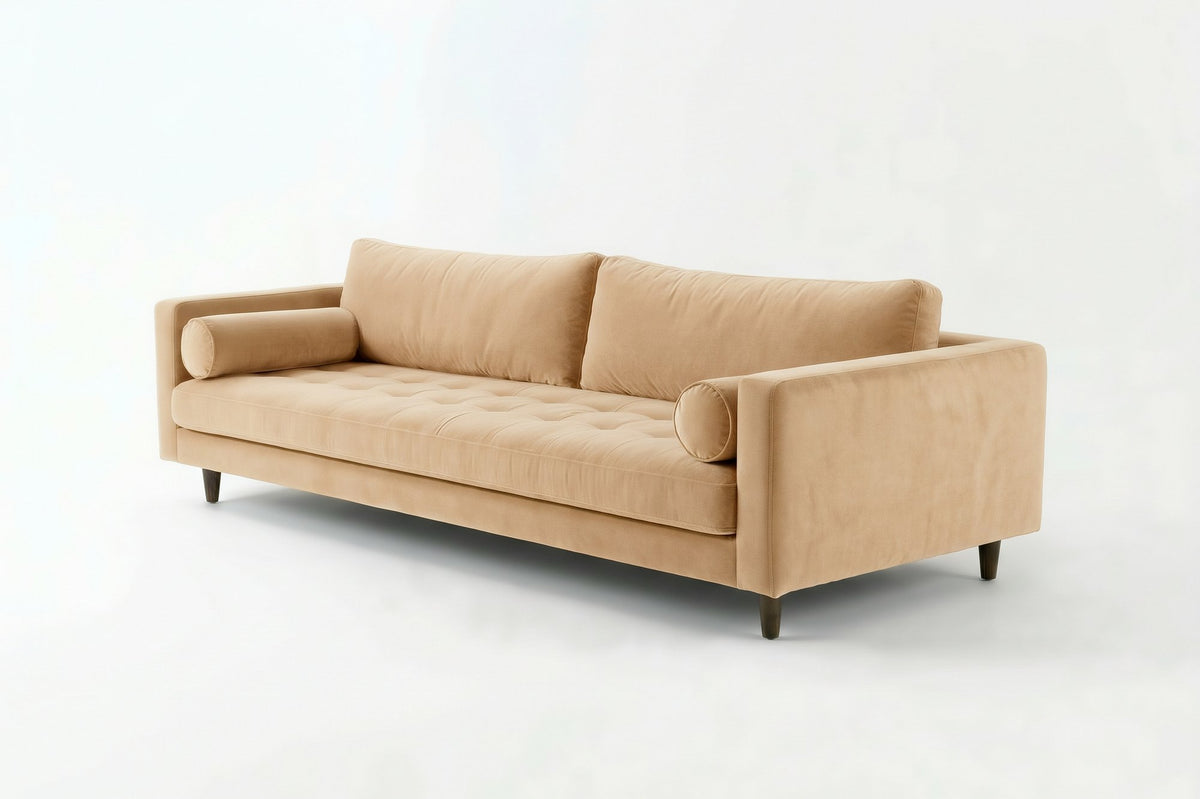 Sofá Bambú con botoné en el asiento y almohadones cilíndricos, en pana antimanchas color latte, imagen ilustrativa - Tienda de Banquitos