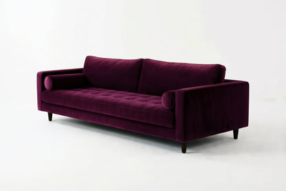Sofá Bambú con botoné en el asiento y almohadones cilíndricos, en pana antimanchas color obispo, imagen ilustrativa - Tienda de Banquitos