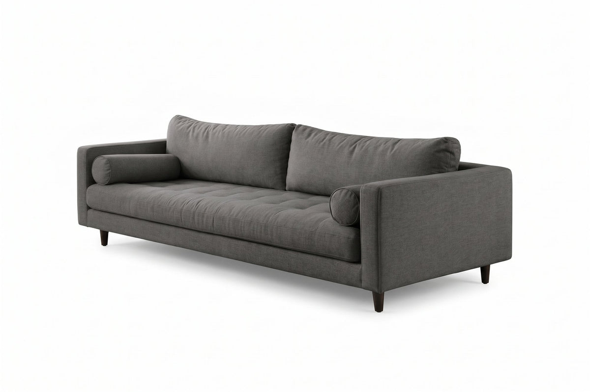 Sofá Bambú con botoné en el asiento y almohadones cilíndricos, en pana antimanchas color onyx, imagen ilustrativa - Tienda de Banquitos